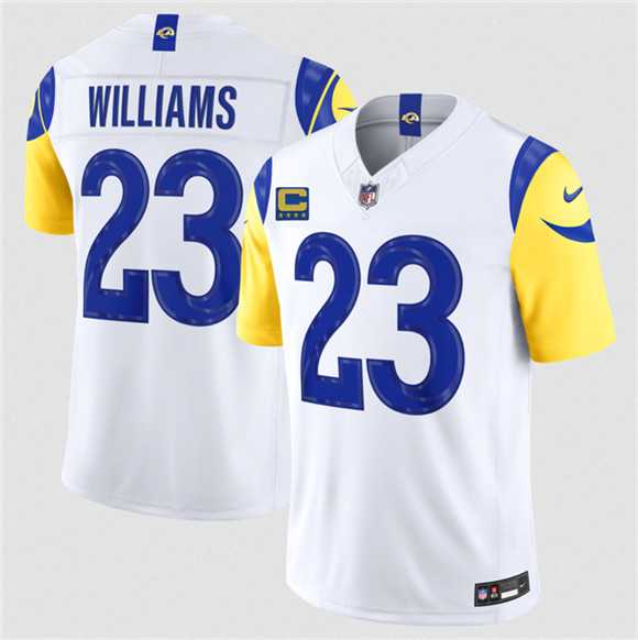 Men%27s Los Angeles Rams #23 Kyren Williams White 2026 F.U.S.E. 4-Star C Patch Vapor Limited Stitched Jersey Dzhi