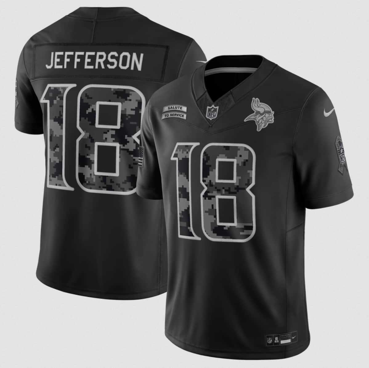 Men%27s Minnesota Vikings #18 Justin Jefferson Black 2026 F.U.S.E. Salute to Service Limited Stitched Jersey