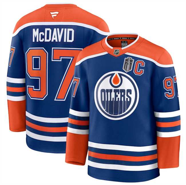 Men%27s Edmonton Oilers #97 Connor McDavid Royal 2025 Stanley Cup Final Patch And C Patch Stitched Hockey Jersey Dzhi