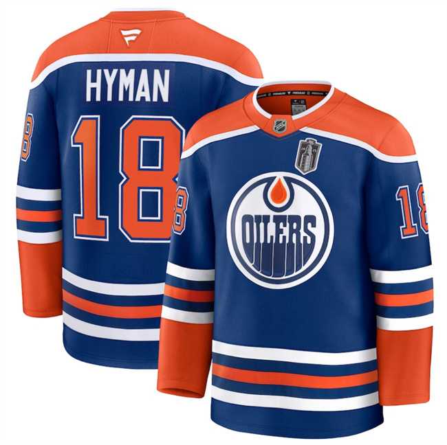 Men%27s Edmonton Oilers #18 Zach Hyman Royal 2025 Stanley Cup Final Patch Stitched Hockey Jersey Dzhi