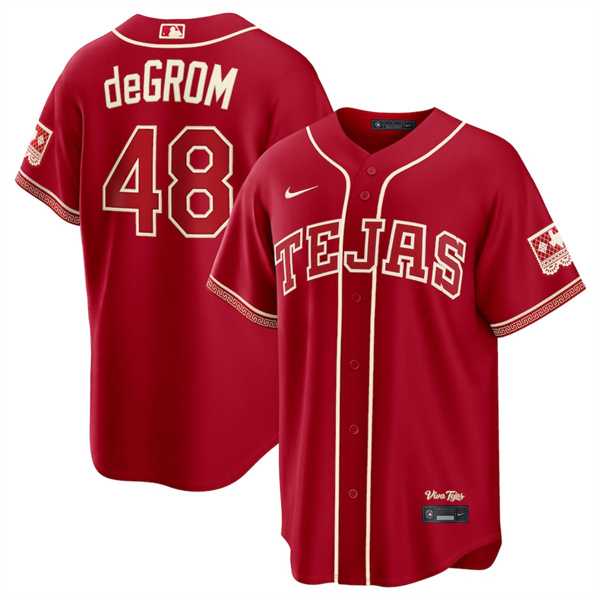 Men%27s Texas Rangers #48 Jacob deGrom Red 2026 City Connect Stadium Stitched Jersey Dzhi