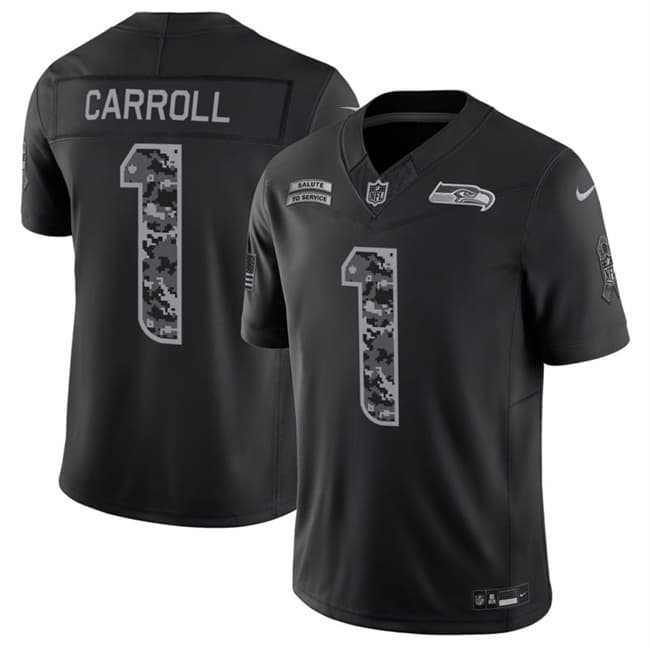 Men%27s Seattle Seahawks #1 Pete Carroll Black 2026 F.U.S.E. Salute to Service Limited Stitched Jersey