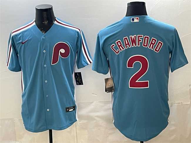 Men%27s Philadelphia Phillies #2 Justin Crawford Blue Cool Base Stitched Jersey