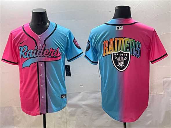 Men%27s Las Vegas Raiders Team Big Logo Pink Blue Limited Stitched Baseball Jersey