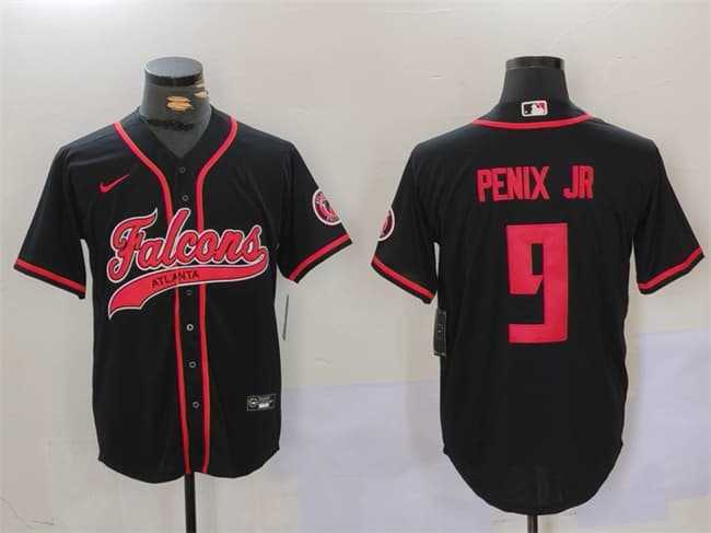 Men%27s Atlanta Falcons #9 Michael Penix Jr. Black With Patch Cool Base Stitched Baseball Jersey