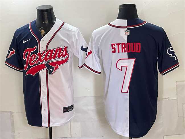 Men%27s Houston Texans #7 C.J. Stroud Navy White Split With Patch Cool Base Stitched Baseball Jersey