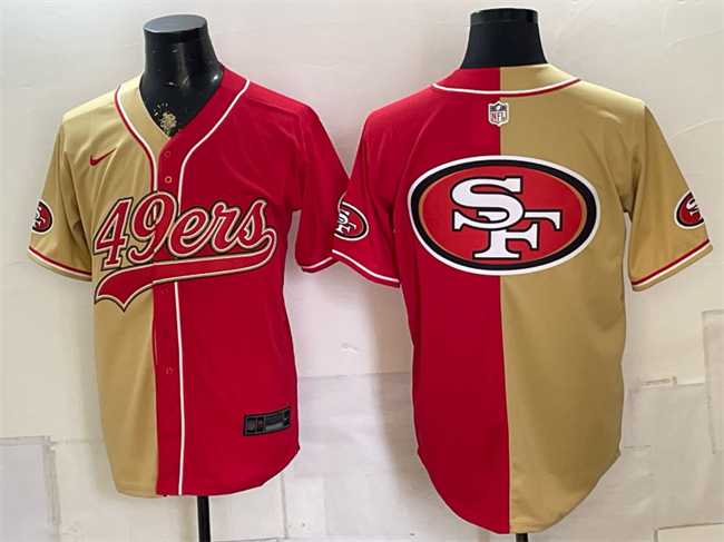 Men%27s San Francisco 49ers Team Big Logo Gold Red Split Stitched Jersey