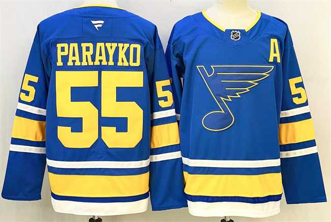 Men%27s St. Louis Blues #55 Colton Parayko Blue 2025 With A Patch Stitched Hockey Jersey