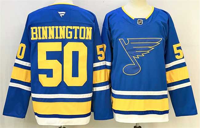 Men%27s St. Louis Blues #50 Jordan Binnington Blue 2025 Stitched Hockey Jersey