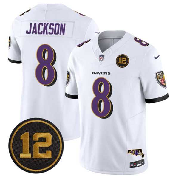 Men%27s Baltimore Ravens #8 Lamar Jackson White 2025 F.U.S.E Jacoby Jones Patch Vapor Limited Jersey Dzhi