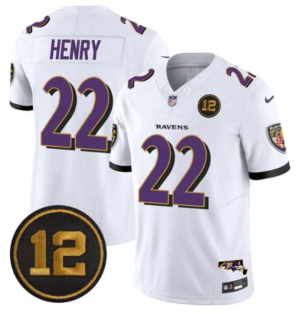 Men%27s Baltimore Ravens #22 Derrick Henry White 2025 F.U.S.E Jacoby Jones Patch Vapor Limited Jersey Dzhi