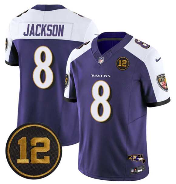 Men%27s Baltimore Ravens #8 Lamar Jackson Purple Alternate 2025 F.U.S.E Jacoby Jones Patch Vapor Limited Jersey Dzhi