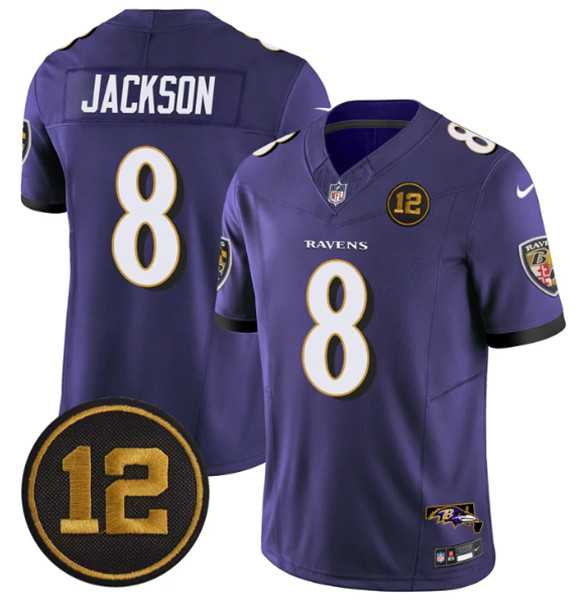 Men%27s Baltimore Ravens #8 Lamar Jackson Purple 2025 F.U.S.E Jacoby Jones Patch Vapor Limited Jersey Dzhi