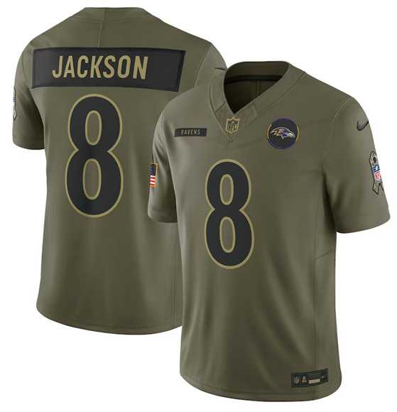 Men%27s Baltimore Ravens #8 Lamar Jackson Olive 2025 Salute to Service Limited Stitched Jersey Dyin