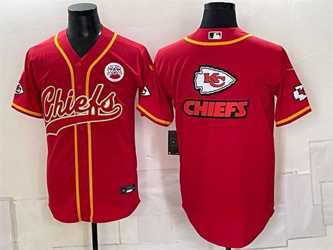 Men%27s Kansas City Chiefs Red Gold Team Big Logo With Patch Cool Base Stitched Baseball Jersey Dzhi