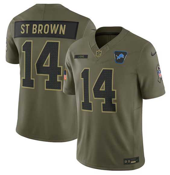 Men%27s Detroit Lions #14 Amon-Ra St. Brown Olive 2025 Salute to Service Limited Stitched Jersey Dyin