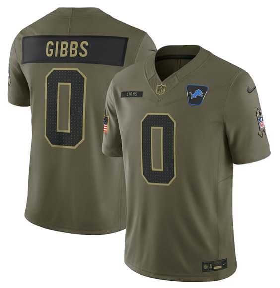 Men%27s Detroit Lions #0 Jahmyr Gibbs Olive 2025 Salute to Service Limited Stitched Jersey Dyin