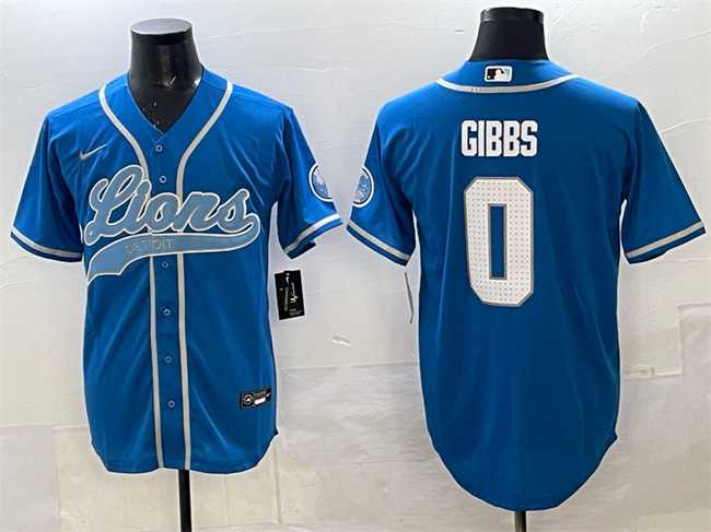 Men%27s Detroit Lions #0 Jahmyr Gibbs Blue Cool Base Stitched Baseball Jersey