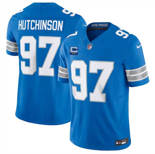 Men%27s Detroit Lions #97 Aidan Hutchinson Blue 2025 F.U.S.E. With 2-Star C Patch Vapor Limited Stitched Jersey Dzhi