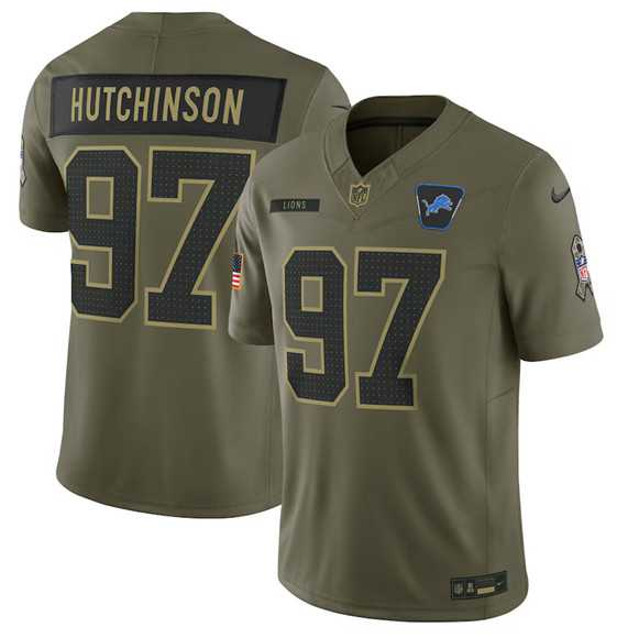 Men%27s Detroit Lions #97 Aidan Hutchinson Olive 2025 Salute to Service Limited Stitched Jersey Dyin