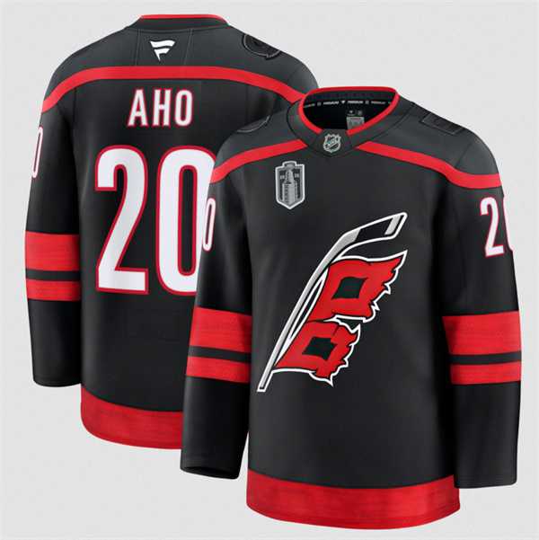 Men%27s Carolina Hurricanes #20 Sebastian Aho Black 2026 Stanley Cup Final Home Premium Hockey Stitched Jersey Dzhi