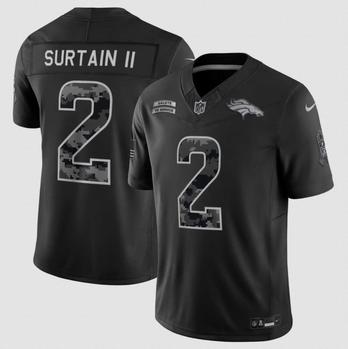 Men%27s Denver Broncos #2 Pat Surtain II Black 2026 F.U.S.E. Salute to Service Limited Stitched Stitched Jersey