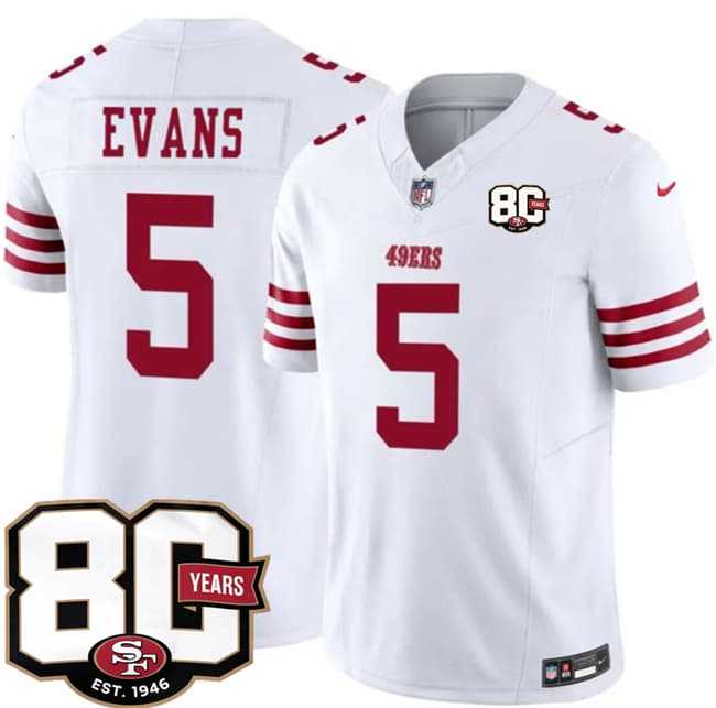 Men%27s San Francisco 49ers #5 Mike Evans White 80th Anniversary Patch 2026 F.U.S.E. Vapor Untouchable Limited Stitched Jersey Dzhi