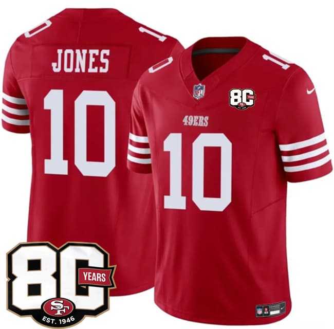 Men%27s San Francisco 49ers #10 Mac Jones Red 80th Anniversary Patch 2026 F.U.S.E. Vapor Untouchable Limited Stitched Jersey Dzhi