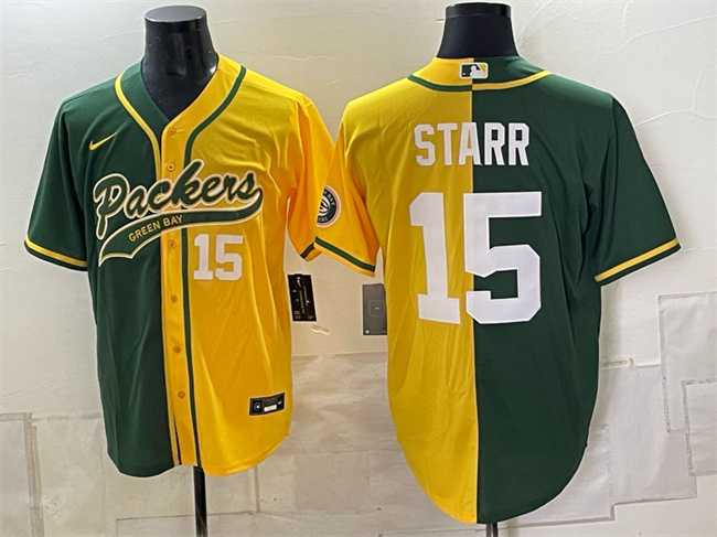 Men%27s Green Bay Packers #15 Bart Starr Green Gold Split Cool Base Stitched Baseball Jersey Dzhi