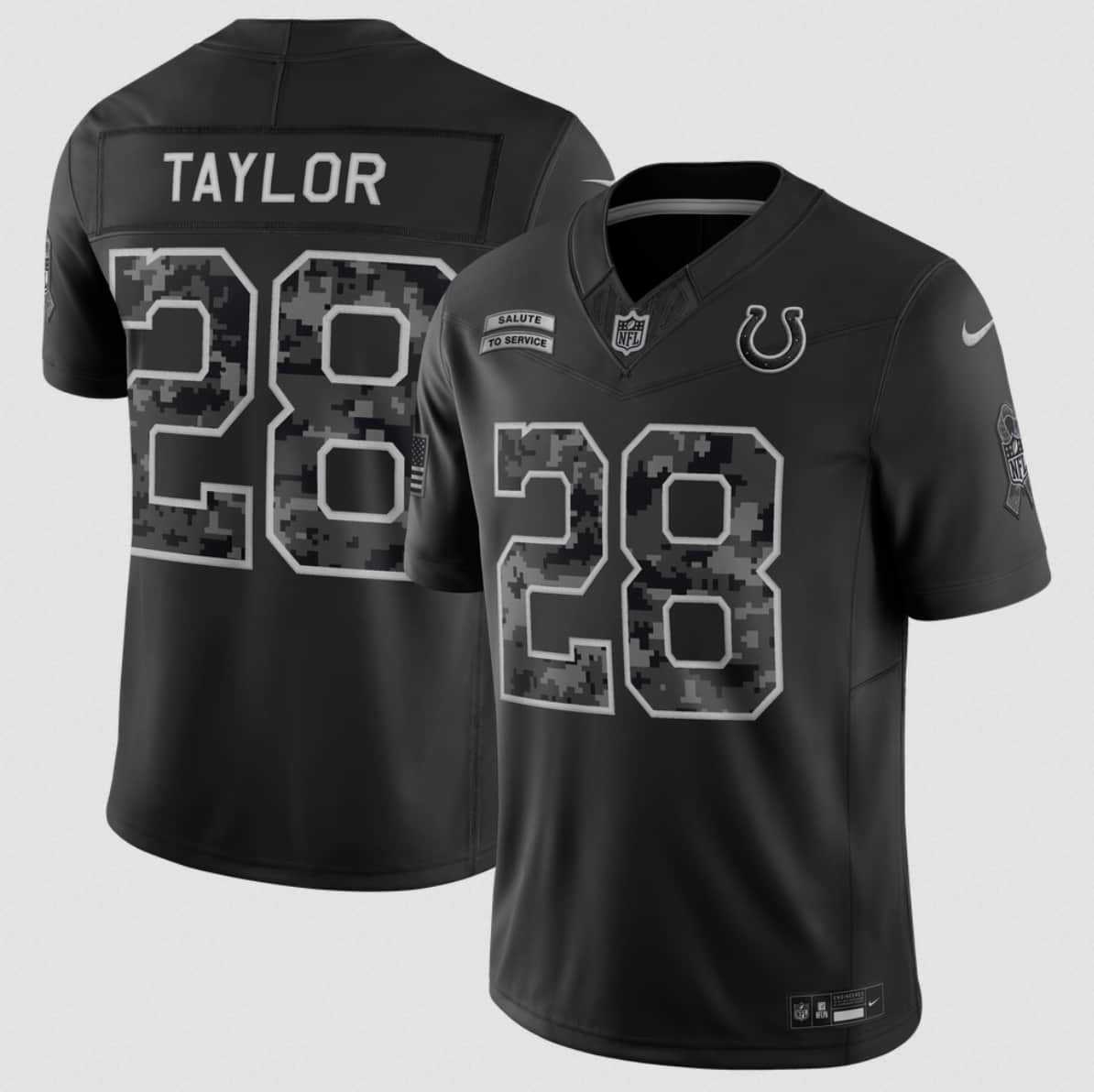 Men%27s Indianapolis Colts #28 Jonathan Taylor Black 2026 F.U.S.E. Salute to Service Limited Stitched Jersey