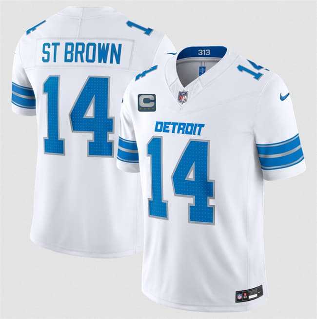 Men%27s Detroit Lions #14 Amon-Ra St. Brown White 2026 With 4-Star C Patch F.U.S.E. Vapor Limited Stitched Jersey