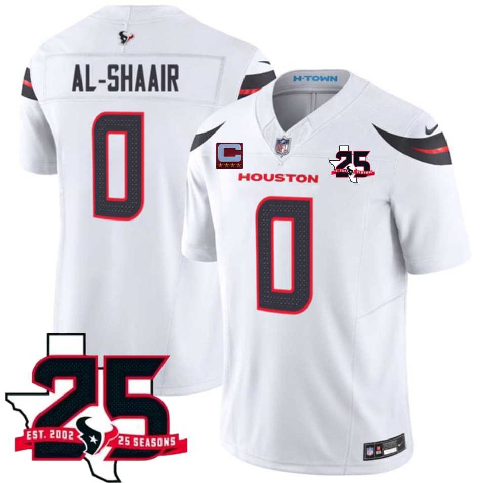 Men%27s Houston Texans #0 Azeez Al-Shaair White 2026 With 25th Anniversary Patch And 4-Star C Patch F.U.S.E. Vapor Limited Stitched Jersey