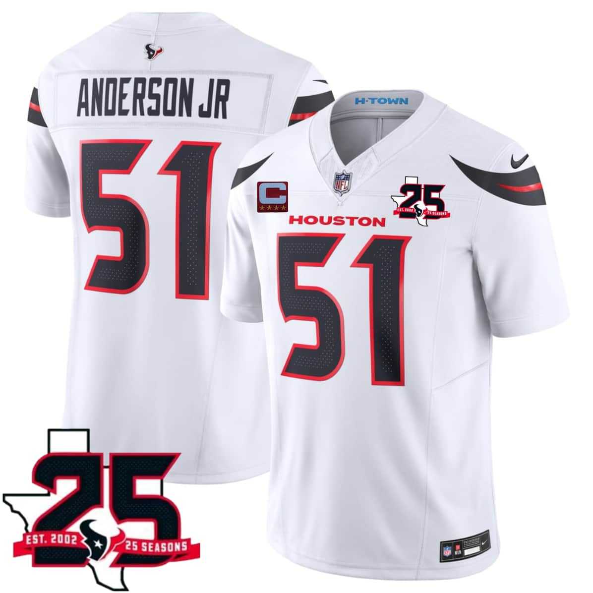 Men%27s Houston Texans #51 Will Anderson Jr White 2026 With 25th Anniversary Patch And 4-Star C Patch F.U.S.E. Vapor Limited Stitched Jersey