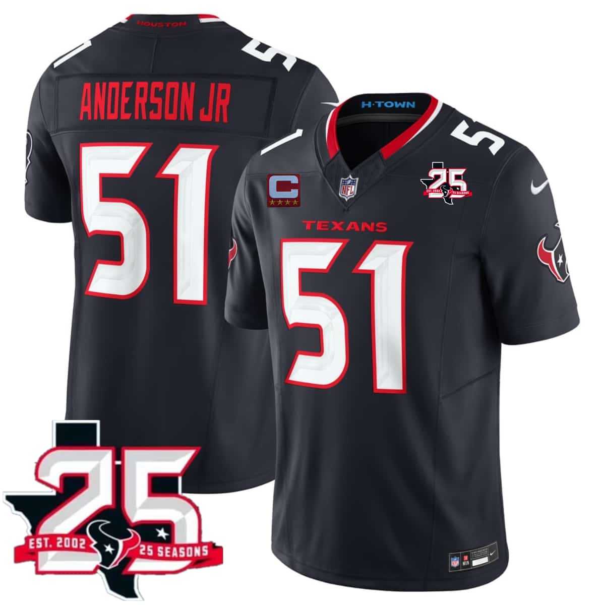 Men%27s Houston Texans #51 Will Anderson Jr Navy 2nd Alternate 2026 With 25th Anniversary Patch And 4-Star C Patch F.U.S.E. Vapor Limited Stitched Jersey