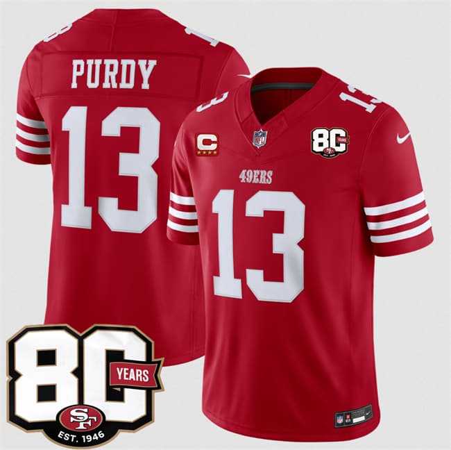 Men%27s San Francisco 49ers #13 Brock Purdy Red 2026 F.U.S.E. With 80th Anniversary & 4-Star C Patch Vapor Untouchable Limited Stitched Jersey