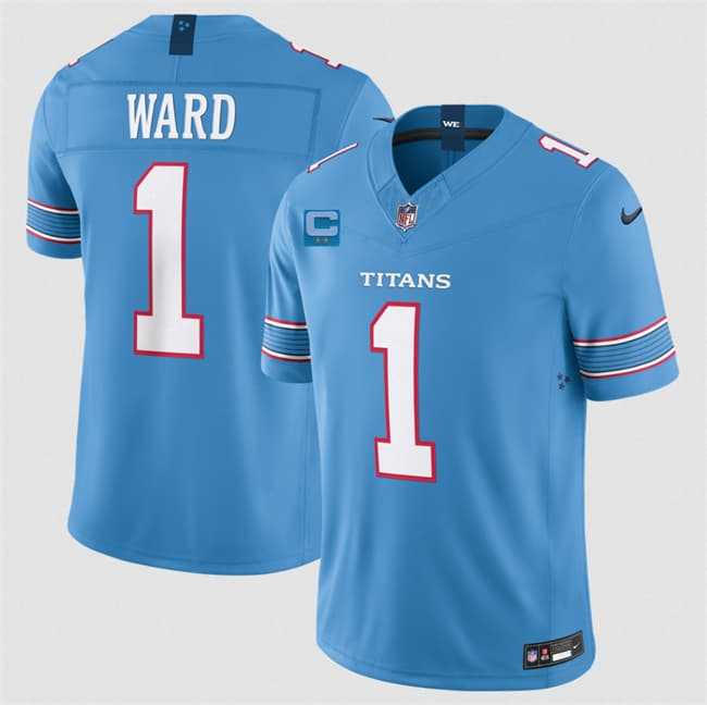 Men%27s Tennessee Titans #1 Cameron Ward Light Blue 2026 With 2-Star C Patch F.U.S.E. Vapor Limited Stitched Jersey