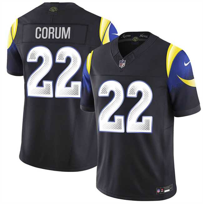 Men%27s Los Angeles Rams #22 Blake Corum midnight blue 2025 F.U.S.E. %27Rivalries%27 Vapor Limited Stitched Jersey