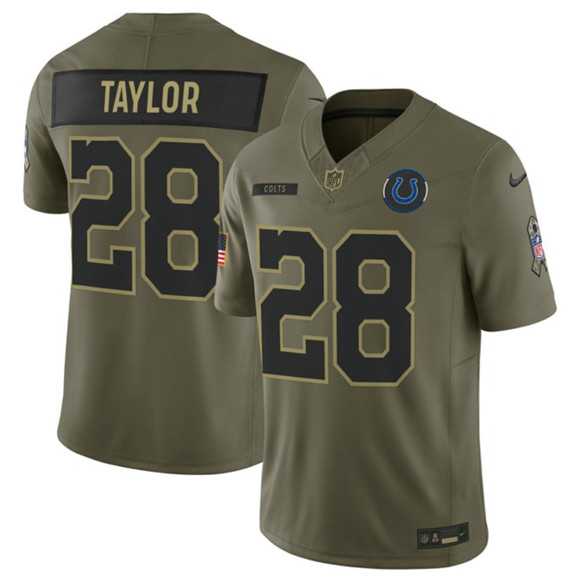 Men%27s Indianapolis Colts #28 Jonathan Taylor Olive 2025 Salute to Service Limited Stitched Jersey Dyin
