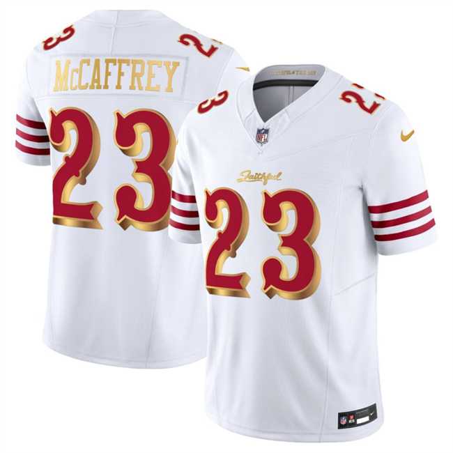 Men%27s San Francisco 49ers #23 Christian McCaffrey White Gold 2025 F.U.S.E. %27Rivalries%27 Vapor Limited Stitched Jersey