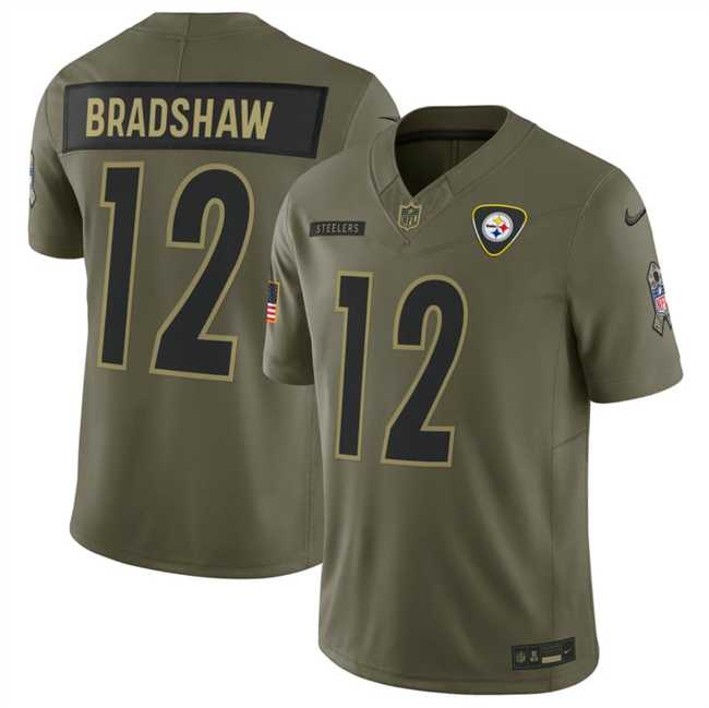 Men%27s Pittsburgh Steelers #12 Terry Bradshaw Olive 2025 F.U.S.E. Salute to Service Limited Stitched Jersey Dyin
