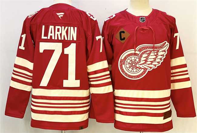 Men%27s Detroit Red Wings #71 Dylan Larkin Red 2025-26 With C Patch Centennial Premium Stitched Jersey