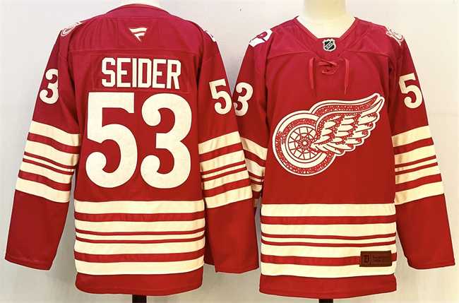 Men%27s Detroit Red Wings #53 Moritz Seider Red 2025-26 Centennial Premium Stitched Jersey