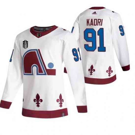 Men Colorado Avalanche #91 Nazem Kadri White 2022 Stanley Cup Final Patch Reverse Retro Stitched Jersey