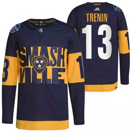 Men Nashville Predators #13 Yakov Trenin 2022 Navy Stadium Series Breakaway Player Stitched Jersey