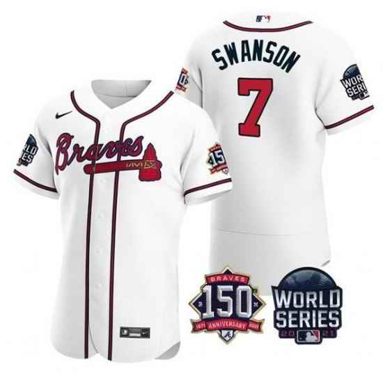 Men Atlanta Braves #7 Dansby Swanson 2021 White World Series With 150th Anniversary Patch Stitched Baseball Jersey