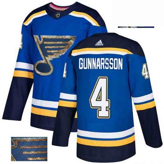 Mens Adidas St Louis Blues #4 Carl Gunnarsson Authentic Royal Blue Fashion Gold NHL Jersey