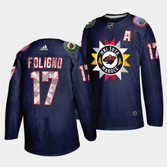 Men Minnesota Wild #17 Marcus Foligno 2021 22 Navy Native American Heritage Day Stitched Jersey