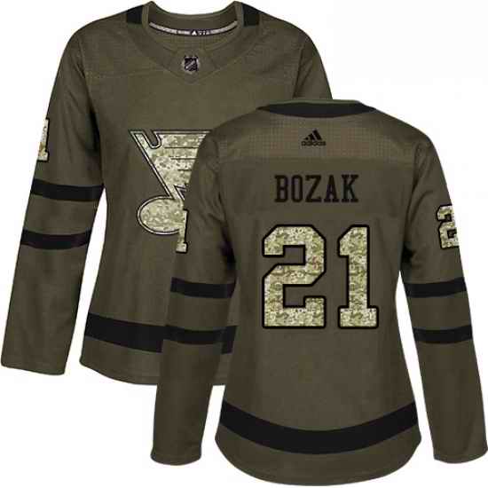 Womens Adidas St Louis Blues #21 Tyler Bozak Authentic Green Salute to Service NHL Jersey