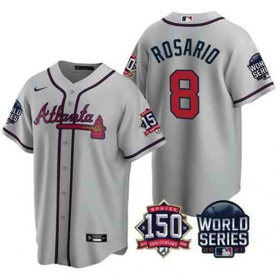 Men Atlanta Braves #8 Eddie Rosario 2021 Gray World Series With 150th Anniversary Patch Cool Base Stitched Jersey