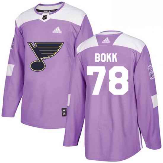 Mens Adidas St Louis Blues #78 Dominik Bokk Authentic Purple Fights Cancer Practice NHL Jersey